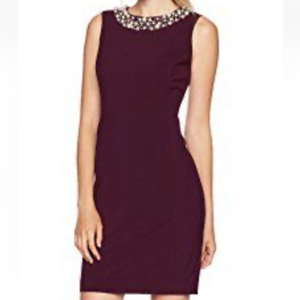 Calvin Klein Pearl Jewel-Neck Sheath Dress in Plum